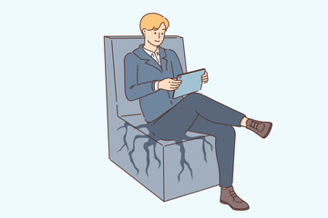 Sedentary business man is rooted to office chair, sitting with electronic tablet in hands