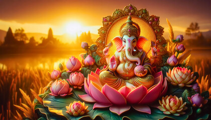 Fototapeta premium Explore the spiritual significance of ganesha amidst a serene sunrise landscape