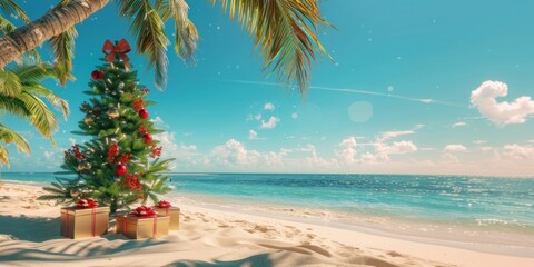 Fototapeta premium Christmas tree and gift boxes trees tropical beach.