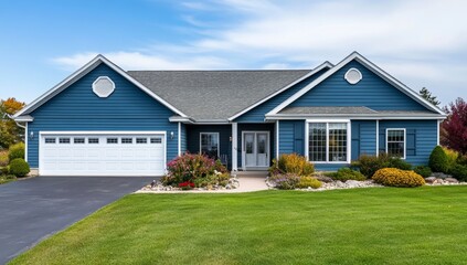 Fototapeta premium Modern House with Blue Exterior, Vinyl Siding, and White Trim