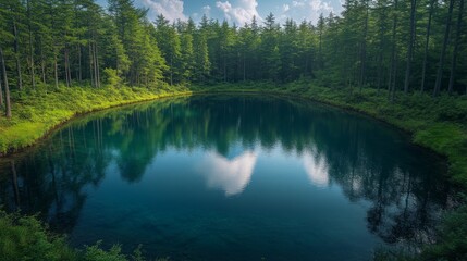 Fototapeta premium a lake surrounded by forest with a backdrop of mountains and blue sky