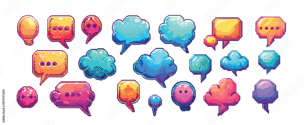 Poster pixel speech bubbles vector set. cloud chat messages dialogue balloon 8 bit colorful comic word mess