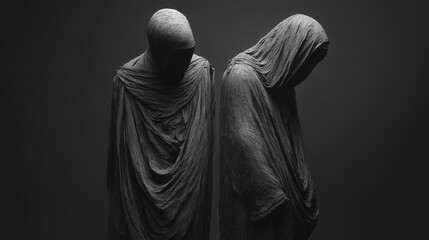 Two shrouded figures standing back to back, embodying isolation and introspection in a shadowy, abstract space