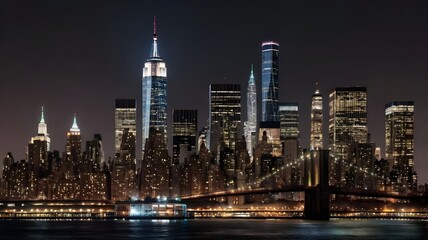 New York City skyline at night with illuminated skyscrapers on an isolated white background. Concept of cityscape and urban design template.