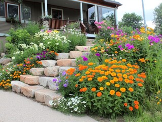 Fototapeta premium Colorful Flowers Growing on the Steps of an Old House