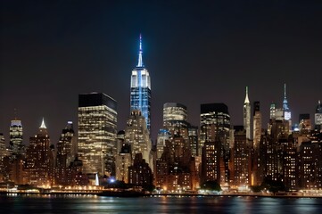 New York City skyline at night with illuminated skyscrapers on an isolated white background. Concept of cityscape and urban design template.