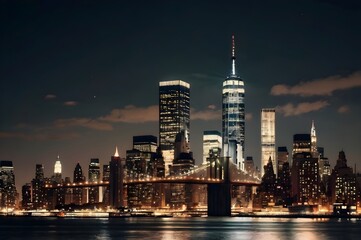 Obraz premium New York City skyline at night with illuminated skyscrapers on an isolated white background. Concept of cityscape and urban design template.