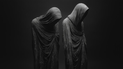 Two shrouded figures standing back to back, embodying isolation and introspection in a shadowy, abstract space