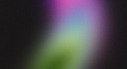 Abstract colorful grainy gradient on black backdrop design. Pink purple blue green black color on dark noisy, vibrant color flow, glowing, shine, bright, noise texture, banner or poster.