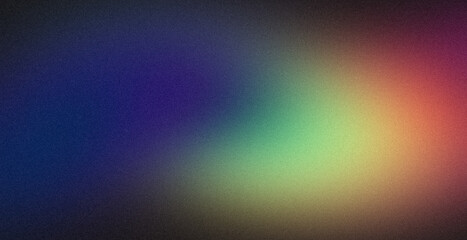 Fototapeta premium Abstract colorful grainy gradient on black backdrop design. Purple green blue black color on dark noisy, vibrant color flow, glowing, shine, bright, noise texture, banner or poster.