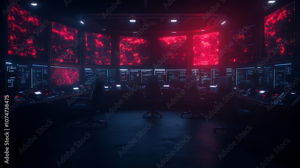 Poster A dimly lit control room filled with multiple screens displaying vibrant red and blue data patterns, creating a high-tech ambiance.