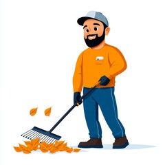 Cartoon Man Raking Leaves in Autumn Scenery