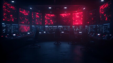 A dimly lit control room filled with multiple screens displaying vibrant red and blue data patterns, creating a high-tech ambiance.