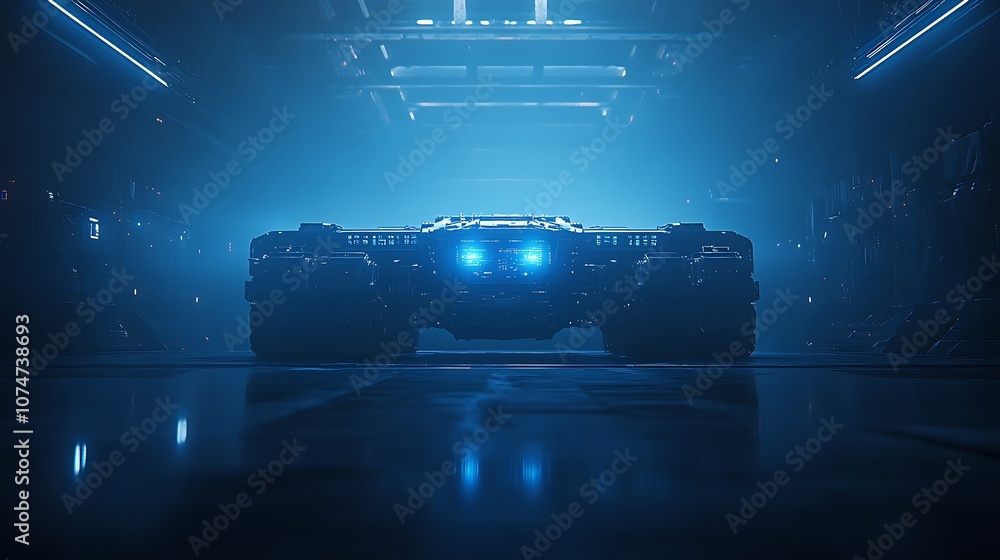 Aufkleber a futuristic vehicle illuminated in blue light, set in a dimly lit environment, showcasing a sleek a