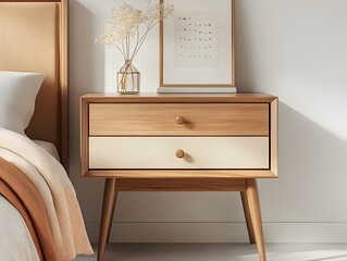 Mid-Century Modern Nightstand: Two-toned wood bedside table with sleek design and tapered legs. Perfect for a minimalist bedroom setting. 