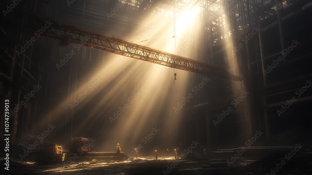 Poster a dimly lit industrial space with beams of light piercing through, creating an atmospheric and myste