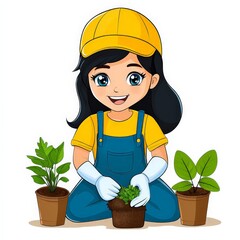 Cheerful Woman Gardening in Cartoon Style