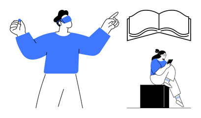 Man with VR headset pointing and raising hand, open book, woman reading smartphone while seated. Ideal for education, technology, VR, reading, digital interaction learning study. Line metaphor