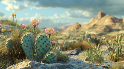 Photo of a blooming cactus, desert landscape. 