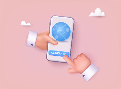 Generate AI button. Hand holding phone with generate text and image pressbutton prompt. Magic stars sign. Chat brain assistant. 3D Web Vector Illustrations.