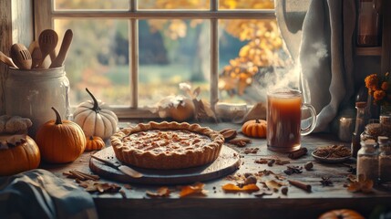 Naklejka premium Autumnal Delights: Pumpkin Pie and Warm Drink