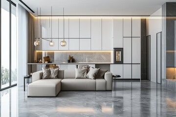 Fototapeta premium A modern white home with a pool in Miami, featuring large windows and sliding glass doors.