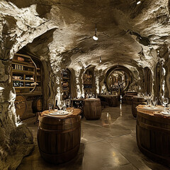 sumptuous cellar with wine barrels 