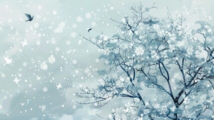 a tree, snowflakes, and birds