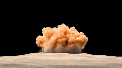 Destructive force unleashed in a nuclear explosion rising over sandy desert terrain against a dark void backdrop