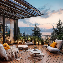 lounge chairs in a holiday home balcony with sunset view 