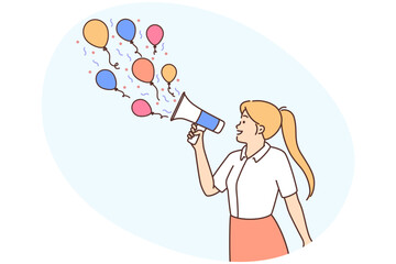 Happy woman with megaphone announce sales