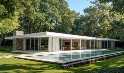 Fototapeta premium A modern white home with a pool in Miami, featuring large windows and sliding glass doors.