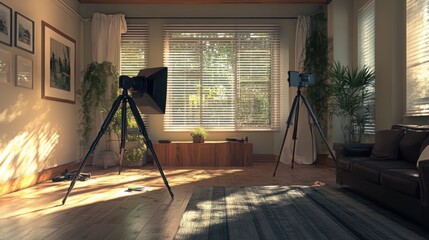 A camera and tripod set up for a stock photo shoot in an indoor studio with bright lighting