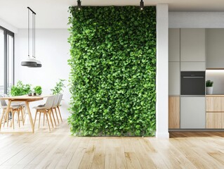 A kitchen with a green wall and a white wall. The kitchen has a wood floor and a wood counter