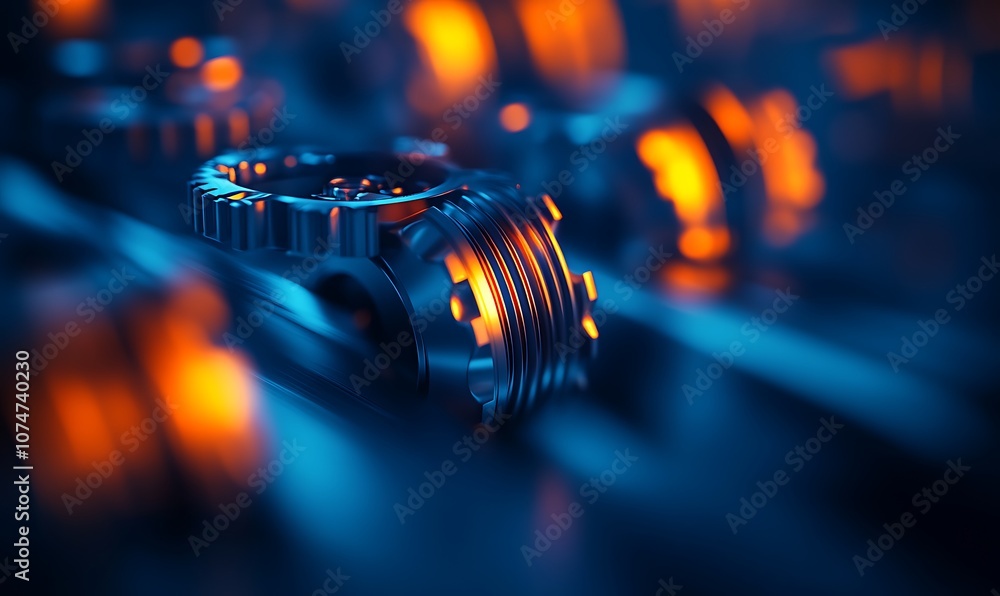 Poster a close-up of metallic components illuminated by soft blue and orange lights, creating an abstract, 