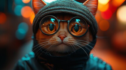cute cat wearing jacket, hat and glasses
