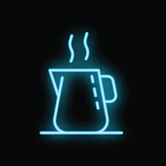 Blue neon sign of a steaming coffee pot, perfect for designs related to coffee, cafes, and restaurants