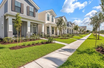 A row of single-family homes, each one gray with white trim and a porch with columns on one side, can be seen throughout Florida