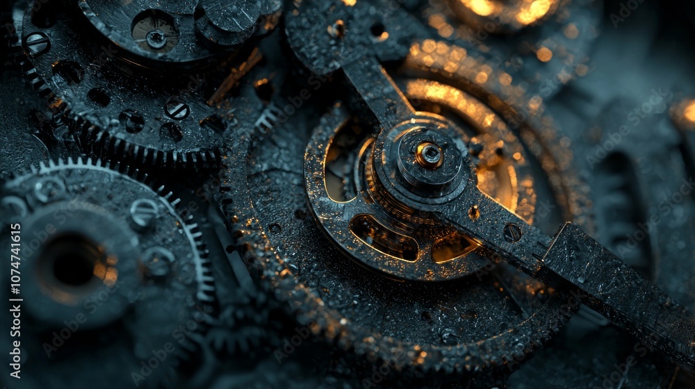 Poster composition reveals close up view abstract mechanical gears interlocked complex arrangements highlig