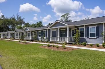 A row of new, single-story homes in Florida with gray roofs and white trim. Each home has a front porch and a small, lush green lawn.
