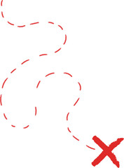Treasure map element. A dashed line and red X mark ink on the map, the treasure map with a dotted line, X marks the spot, dashed line to an X, red ink