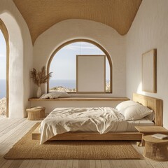 A bedroom with a white bed and a white wall. A white poster is hanging on the wall