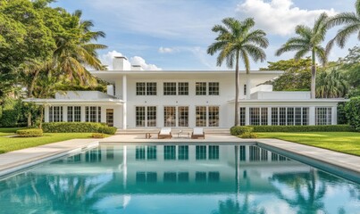 Fototapeta premium A white, modern home with large windows and an outdoor pool in the front yard of an all-white Miami suburban neighborhood