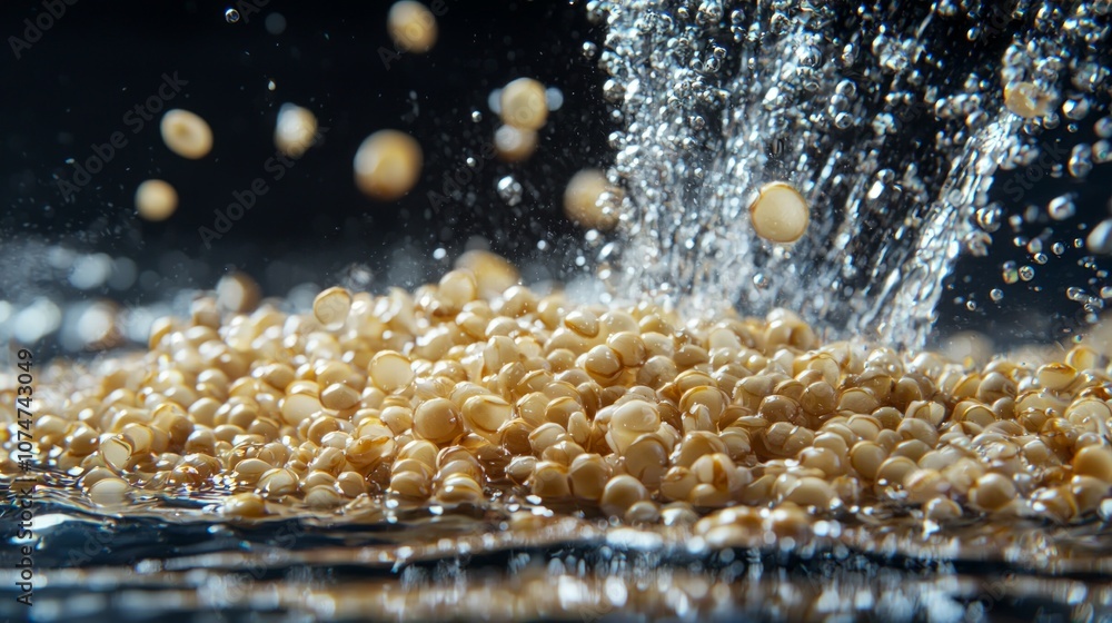 Poster quinoa groats are seen separately one another suspended water while dynamic splashes create eye catc