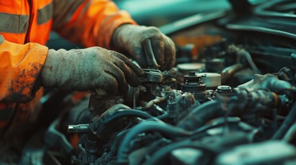 Obraz premium Mechanic Working on a Car Engine