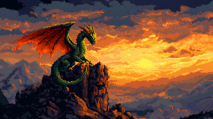 Dragon Illustration on a Mountain Peak at Sunset