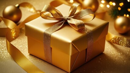 A beautifully wrapped golden gift box adorned with a shiny ribbon and surrounded by festive decorations, perfect for holiday celebrations