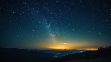 Fototapeta premium A breathtaking night sky filled with stars, overlooking rolling hills and a tranquil lake, showcasing the beauty of nature under a clear Milky Way