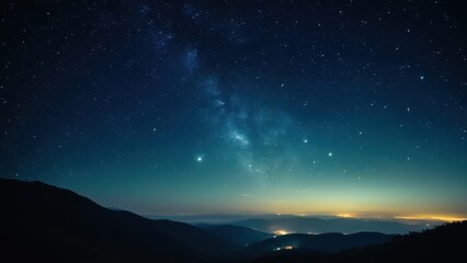 Fototapeta premium A breathtaking night sky filled with stars, overlooking rolling hills and a tranquil lake, showcasing the beauty of nature under a clear Milky Way