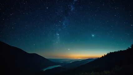 A breathtaking night sky filled with stars, overlooking rolling hills and a tranquil lake, showcasing the beauty of nature under a clear Milky Way